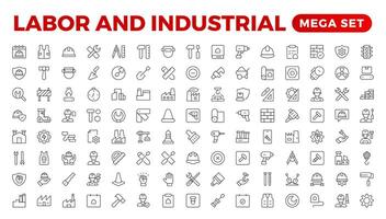 labor y industrial icono colocar. línea conjunto de ingeniero, engranaje, y engranajes mecánico máquina iconos fabricación y Ingenieria línea icono colocar. producción, configuración, industrial fábrica, mano de obra, vector