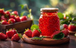 AI generated Jar of red strawberry jam on wooden table photo