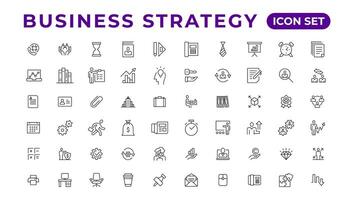 Business strategy set of web icons in line style. Business solutions icons for web and mobile app. Action List, research, solution, team, marketing, startup, advertising, business process vector