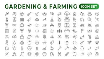 Set of outline icons related to gardening, landscaping, and farming. Linear icon collection.Set of horticulture Icons. Farming and agriculture outline icon collection. Outline icon set. vector