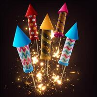 Realistic Firecrackers with Light Explosive Effect, Firework Rockets with Sparkling Fireworks Explosions, Vector Illustration