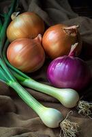 ai generado cebollas y verde cebollas en marrón paño foto