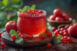 AI generated Jar of red currant jelly on dark rustic wooden table photo