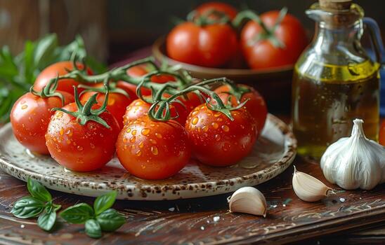 ai generado Fresco Tomates y ajo en plato foto