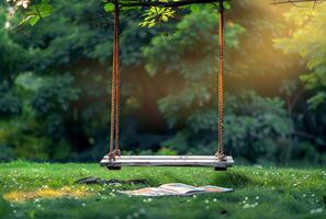 AI generated Book and swing in the park. A photo of an old wooden swing hanging from a tree in front