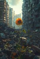 AI generated Single sunflower grows in the middle of devastated city. photo