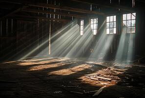 ai generado luz de sol corrientes mediante el ventanas de abandonado edificio foto