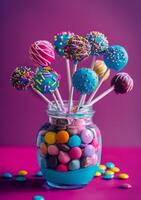 AI generated Colorful cake pops in glass jar and candies on pink background photo