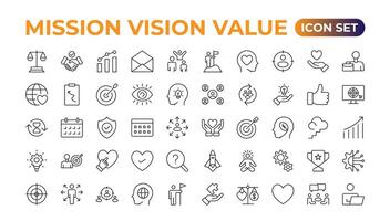 Mission, vision and value icon set. Outline illustration of icons. Core values line icons. Vision, Social Responsibility, and Problem-Solving. vector