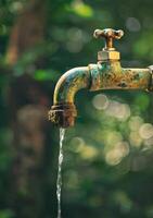 ai generado agua fluye desde el dorado grifo foto