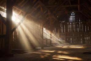 ai generado luz de sol corrientes mediante el techo de antiguo granero foto