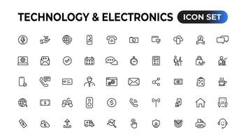 Technology and Electronics and Devices web icons in line style. Device, phone, laptop, communication, smartphone, ecommerce. Vector illustration.