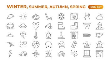 Spring, summer, autumn, and winter icon set. Weather icons. Weather forecast icon set. Clouds logo. Weather, clouds, sunny day, moon, snowflakes, wind, sun day. Outline icon collection. vector