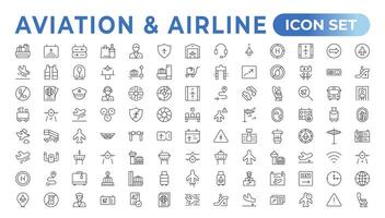 avión icono recopilación. avión vector. vuelo transporte símbolo. viaje concepto.conjunto de vector línea icono. eso contiene símbolos de aeronave, crédito tarjetas, carteras, dólares, dinero globo. contorno icono colocar.