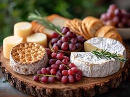 AI generated Cheese plate served with grapes jam crackers and bread on wooden background photo