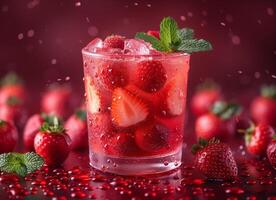 AI generated Fresh strawberry drink with ice cubes and mint on dark background photo