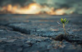 AI generated Small plant grows out of crack in the asphalt photo