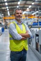 AI generated Portrait of smiling mature industrial man engineer with arms crossed in factory photo