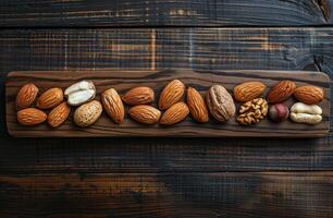 AI generated Different types of nuts on wooden board photo