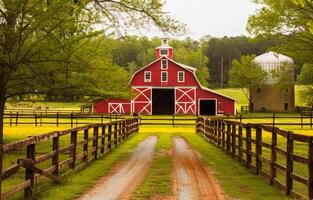 AI generated Red barn and silo sit on farm in the country. photo