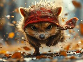 AI generated The little red riding hood. A hedgehog in a red cap running past the art direction behind photo