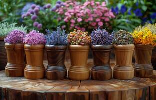 AI generated Different types of flowers in pots on wooden table photo