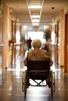 ai generado mayor mujer en silla de ruedas. mayor mujer sentado en silla de ruedas en enfermería hogar foto