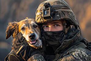 ai generado soldado y su perro. militar hombre besos su perro foto