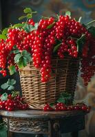 AI generated Red currants in basket on the table photo