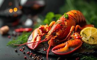 AI generated Fresh boiled lobster with herbs and lemon on black stone plate photo