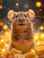 AI generated Cute mouse sits in the cheese gold bokeh background. A mouse standing in front of a pile of cheese and lights photo