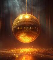 AI generated A disco ball illuminating in the background with spotlights. Gold disco ball and glitters on dark background photo