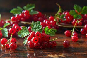 AI generated Red currants on dark rustic wooden table photo