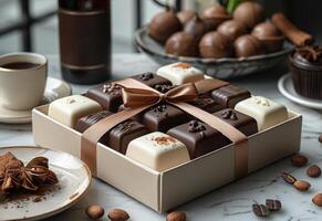 AI generated Box of delicious handmade chocolate pralines photo