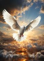 AI generated Dove in the air with wings wide open in front of the sun. Dove flying in the sky with light and rays photo