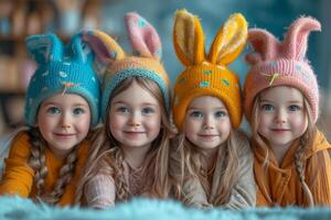 AI generated Four cute little girls are looking at the camera and smiling wearing knitted hats with ears of hare. photo