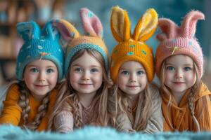 AI generated Four cute little girls are looking at the camera and smiling wearing knitted hats with ears of hare. photo