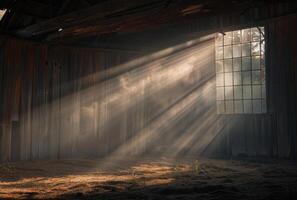 ai generado luz de sol corrientes mediante ventana en abandonado granero foto