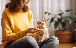 AI generated Woman sitting on the floor and holding her cute ginger cat in her hands photo