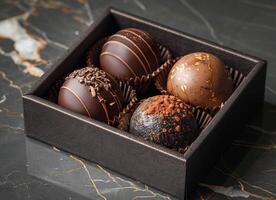 AI generated Different types of chocolate truffles in box on marble table photo