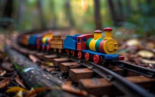 ai generado juguete tren corriendo en el pistas en el bosque foto