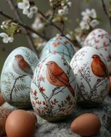ai generado Pascua de Resurrección huevos con aves en Roca losa foto