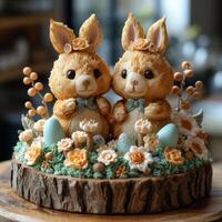 AI generated Easter cake in the shape of two rabbits and eggs on wooden stand photo