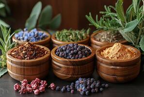 AI generated Various dry herbs and berries in wooden bowls on dark background photo