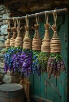 AI generated Fresh herbs and flowers hanging to dry in rural house. Natural medicine photo