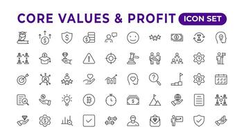 Value money core icons set. Outline illustration of icons. Core values line icons. Integrity. Vision, Social Responsibility, Commitment, Personal Growth, Innovation, Family, and Problem-Solving. vector