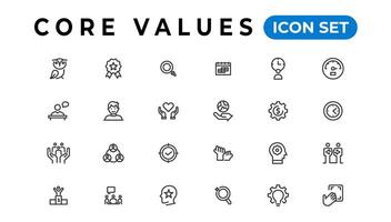 Core value icon banner collection. Containing innovation, goals, responsibility, integrity, customers, commitment, quality, teamwork, reliability and inclusion. Vector solid collection of icons