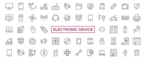 electrónico dispositivo línea icono colocar, tecnología símbolos recopilación, vector bocetos, logo ilustraciones, lineal pictogramas paquete aislado en blanco antecedentes