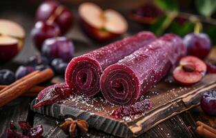 AI generated Handmade fruit pastilles on wooden cutting board and plums in the background photo