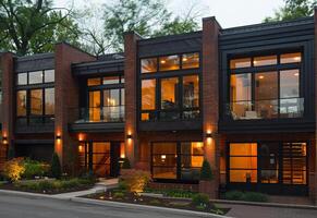 AI generated Row of modern townhouses. A narrow contemporary midwest townhouse with street facing storefront photo